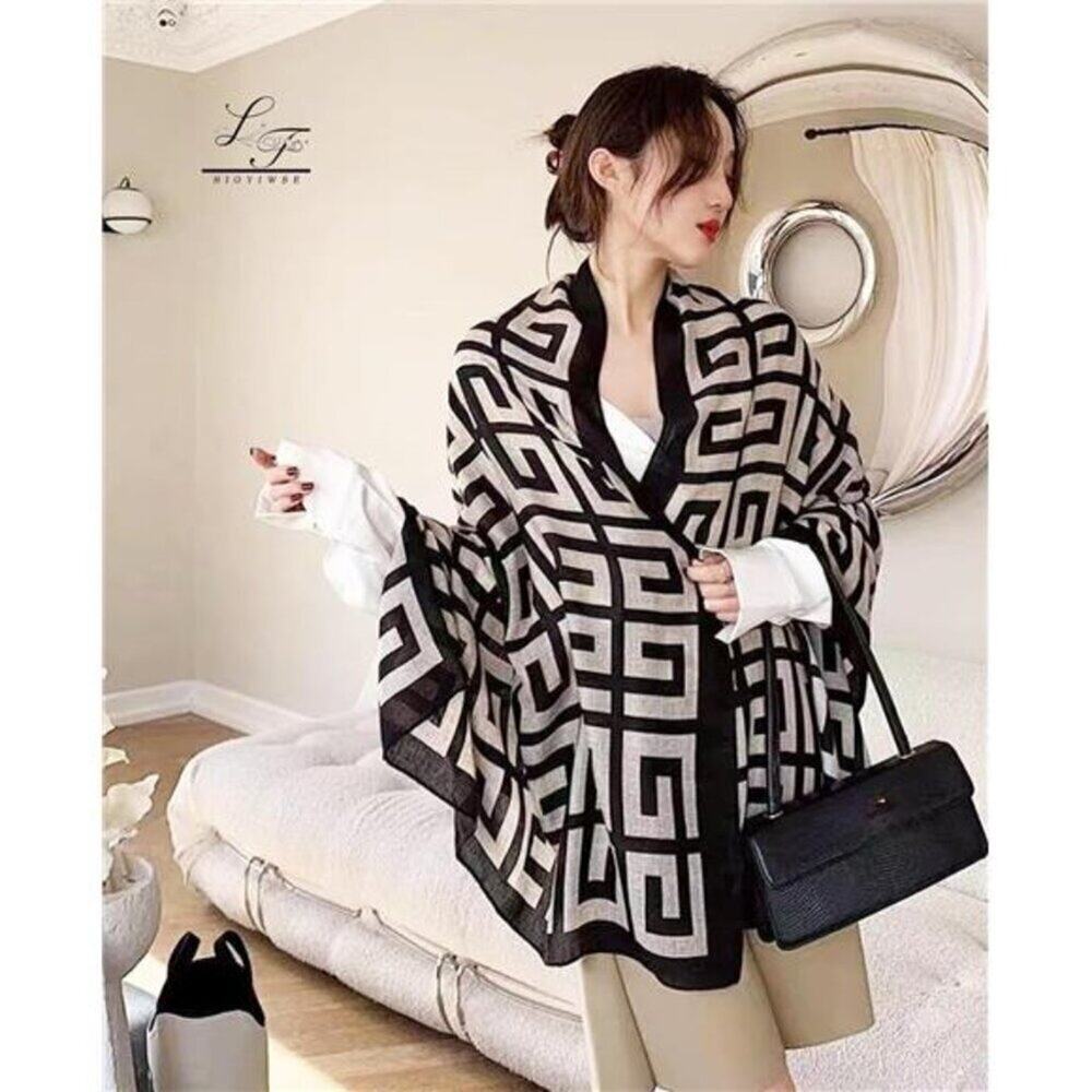 Black Beige Silky Scarf Long Lightweight Dressy Wrap Soft Fashion Shawl Gift